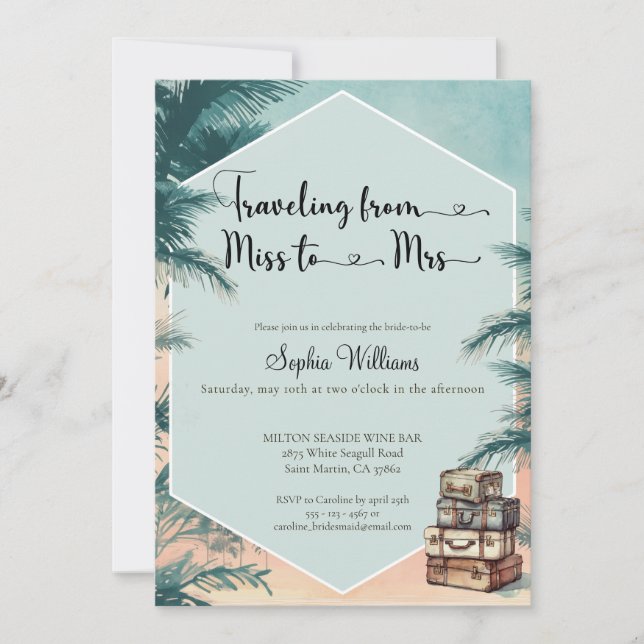 Reise von Miss zu Mrs. Tropical Brautparty Einladung (Vorderseite)