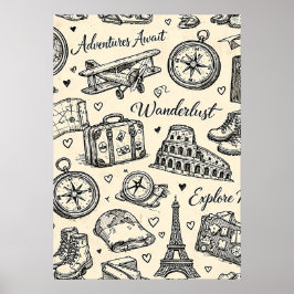 Reiseabenteuer im Vintage-Stil Nahtloses Muster Poster