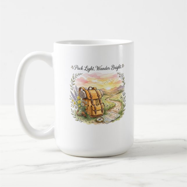 Reiseabenteuer-Zitat 'Pack Light Wander Bright' Kaffeetasse (Links)