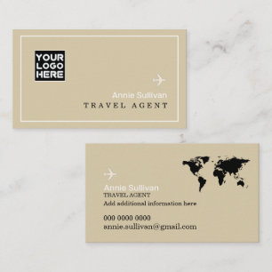 Reiseagentur-Logo-Flugzeug-Weltkarte Beige Visitenkarte