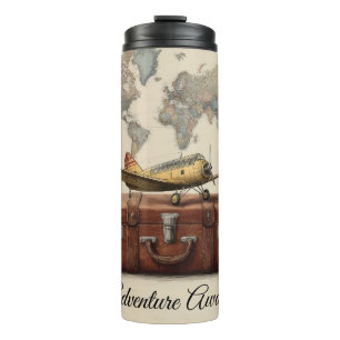 Reiseillustration im Vintage-Stil mit einem Flugze Thermosbecher