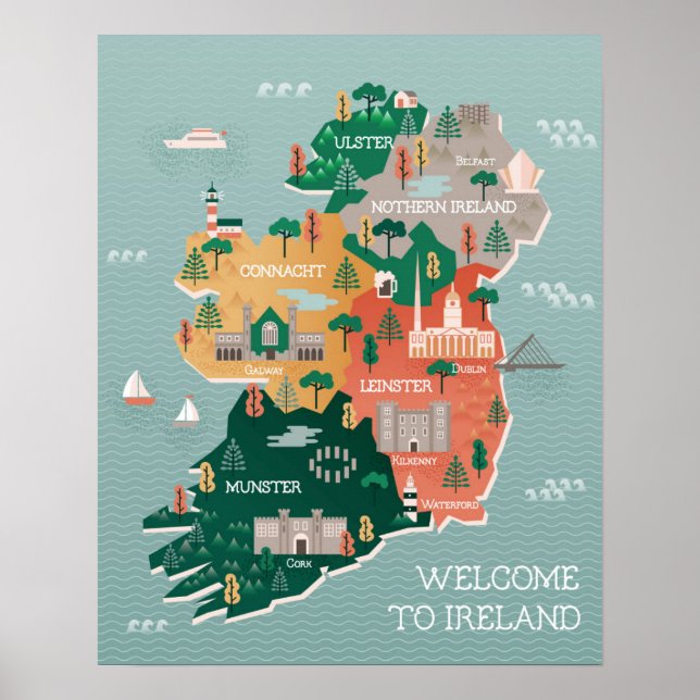 Reisekarte Irlands | Sehenswürdigkeiten und Städte Poster (Vorne)