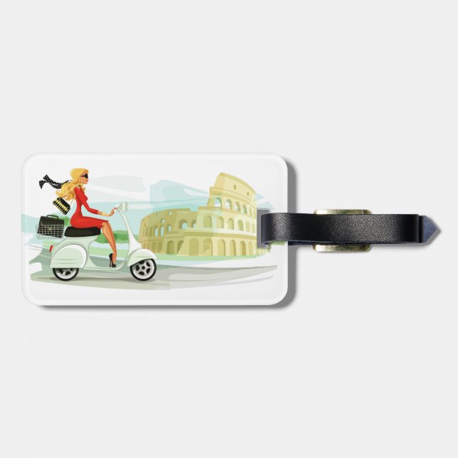 Reisen Sie die Welt! Girl on Scooter in Rom Schlüs Gepäckanhänger (Rückseite horizontal)