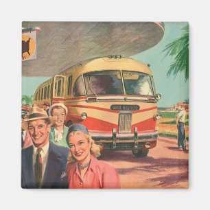 Reisende auf Urlaub am Busbahnhof in alter Zeit Magnet