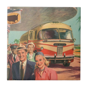 Reisende auf Urlaub am Busbahnhof in nostalgischer Fliese
