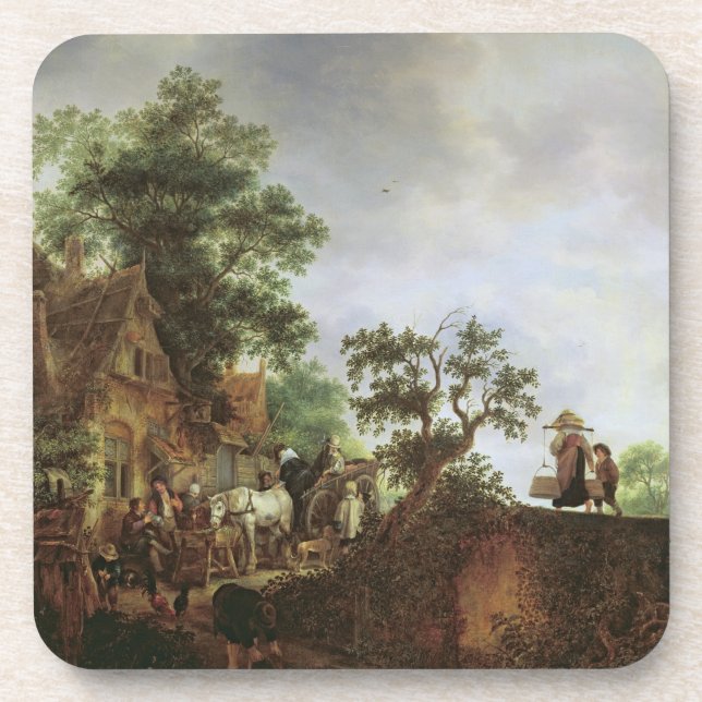 Reisende durch ein Gasthaus (Öl auf Leinwand) Getränkeuntersetzer (Vorderseite)