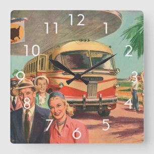 Reisende im Urlaub am Busbahnhof in nostalgischer  Quadratische Wanduhr