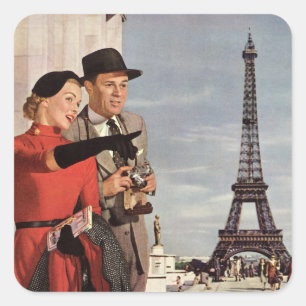 Reisende im Vintage-Stil am Eiffelturm, Paris-Urla Quadratischer Aufkleber