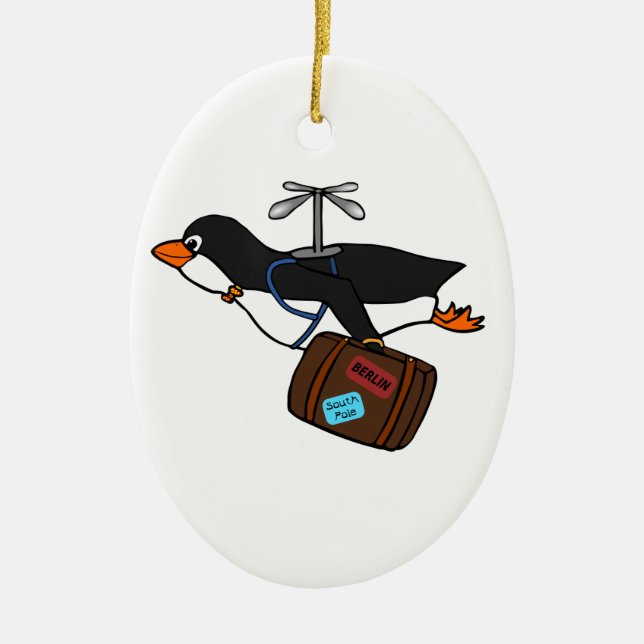 Reisender Fliegen-Hubschrauber-Pinguin mit Koffer Keramik Ornament (Vorne)