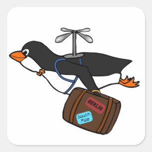 Reisender Fliegen-Hubschrauber-Pinguin mit Koffer Quadratischer Aufkleber