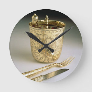 Reisendes Set eines Messers, der Gabel, des Runde Wanduhr