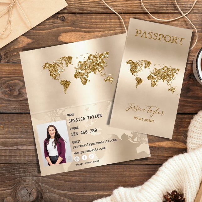 Reisepass Agent Weltkarte Foto einfügen Visitenkarten (passport like business card for travel agents)