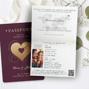 Reisepass Herzen Flugzeug Bordeaux Zielhochzeit Einladung