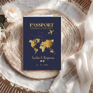 Reisepass-Hochzeit Gold Herz Einladung