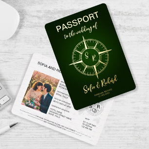 Reisepass Hochzeitsziel Gold Kompass Monogramm Folieneinladung