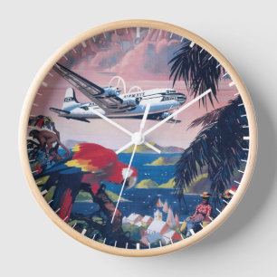 Reiseplakat eines Wasserflugzeugs über der Karibik Uhr
