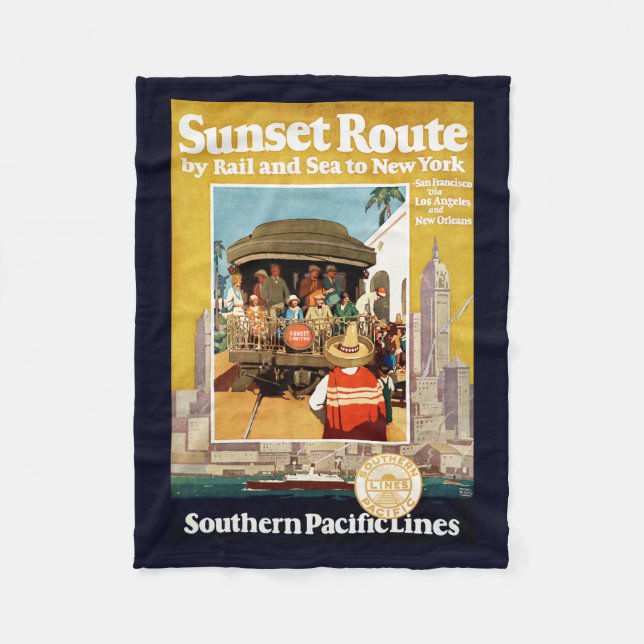 Reiseplakat für die Sunset Route mit Bahn und Schi Fleecedecke (Vorderseite)