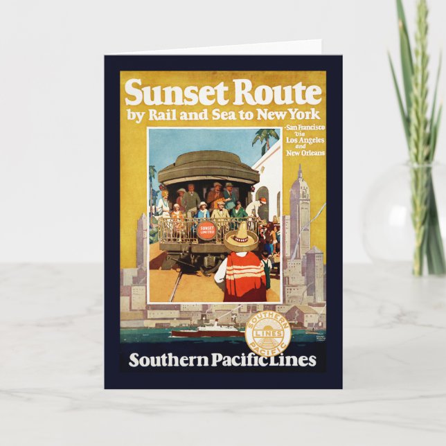 Reiseplakat für die Sunset Route mit Bahn und Schi Karte (Vorderseite)