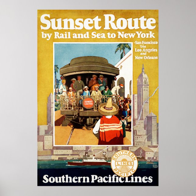 Reiseplakat für die Sunset Route mit Bahn und Schi Poster (Vorne)