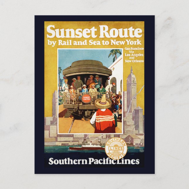 Reiseplakat für die Sunset Route mit Bahn und Schi Postkarte (Vorderseite)