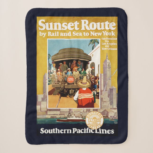 Reiseplakat für die Sunset Route mit Bahn und Schi Sherpadecke (Vorderseite)