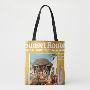 Reiseplakat für die Sunset Route mit Bahn und Schi Tasche