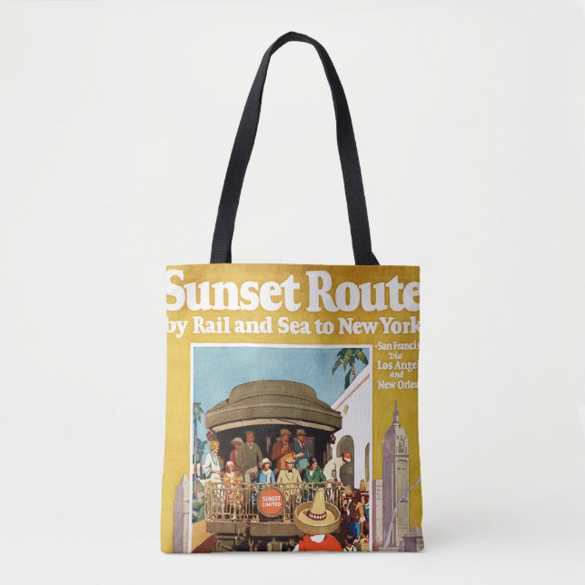 Reiseplakat für die Sunset Route mit Bahn und Schi Tasche (Vorderseite)
