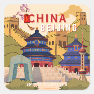 Reiseplakat Peking China Asiatische Stadt-Wandku Quadratischer Aufkleber