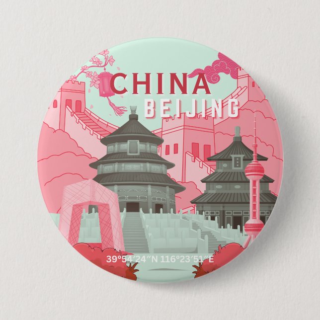 Reiseplakat Peking China | Mintgrün, Rosa Kunst Button (Vorderseite)