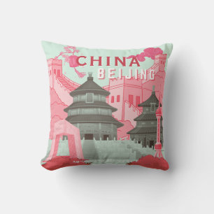 Reiseplakat Peking China Mintgrün, Rosa Kunst Kissen
