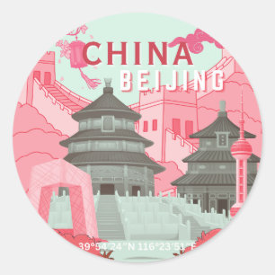 Reiseplakat Peking China Mintgrün, Rosa Kunst Runder Aufkleber