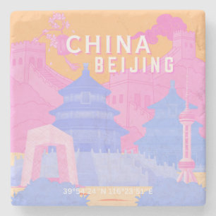 Reiseplakat Peking China   Rosa & Blaue Pastellfar Steinuntersetzer