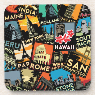 Reiseplakate retro vintage Europa Asien USA Getränkeuntersetzer