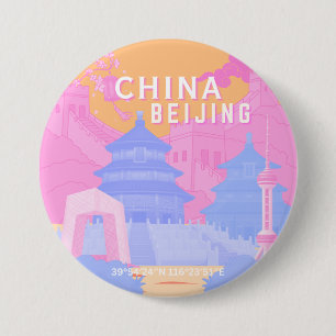 Reiseposter Peking China Rosa & Blaue Pastellfar Button