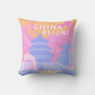 Reiseposter Peking China Rosa & Blaue Pastellfar Kissen