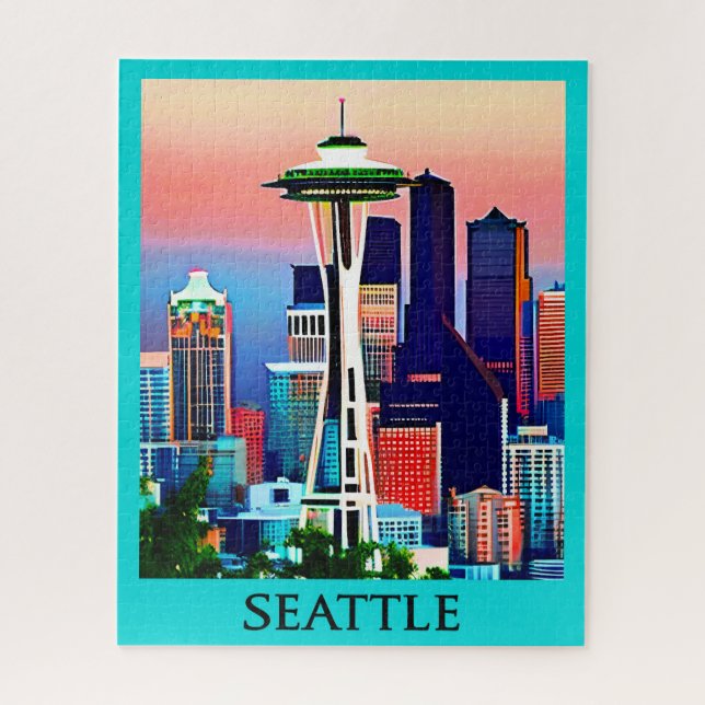 Reiseposter von Seattle unter einem Morgenhimmel (Vertikal)
