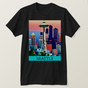 Reiseposter von Seattle unter einem Morgenhimmel T-Shirt