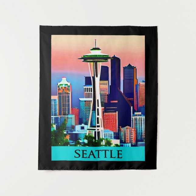 Reiseposter von Seattle unter einem Morgenhimmel Wandteppich (Vorderseite)