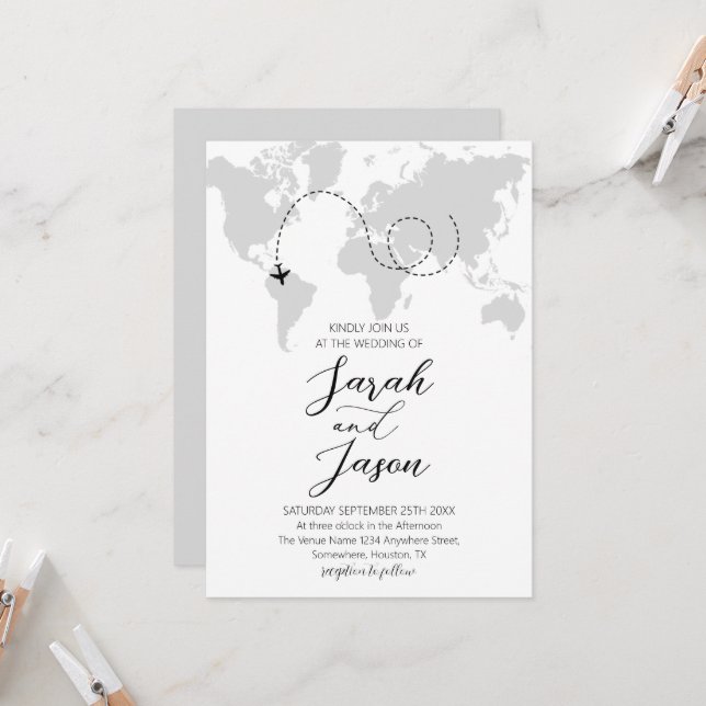 Reiserlebnis World Map Hochzeit in Urlaubsort Einladung (Vorderseite/Rückseite Beispiel)