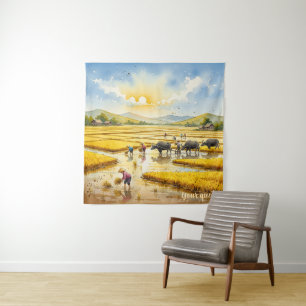 Reisernte Dorf Wandkunst Wandteppich