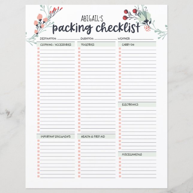 Reiseschachtelliste (Vorderseite)