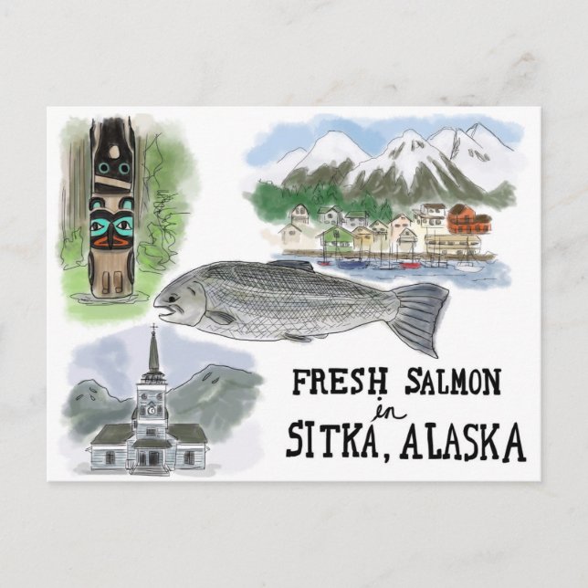 Reiseskizze Postkarte: Lachs in Sitka, Alaska Postkarte (Vorderseite)