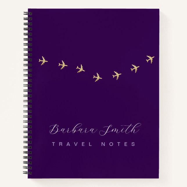Reisetafeln für Flugzeuge auf Lila Notizbuch (Vorderseite)