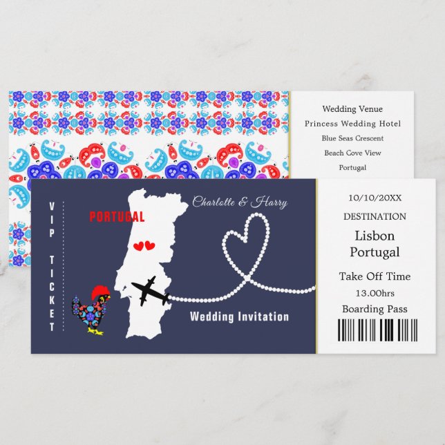 Reiseticket Boarding Pass Portugal Hochzeit Einladung (Vorne/Hinten)