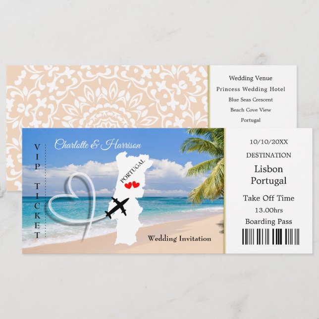Reiseticket Boarding Pass Portugal Hochzeit Einladung (Vorne/Hinten)