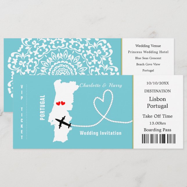 Reiseticket Boarding Pass Portugal Hochzeit Einladung (Vorne/Hinten)