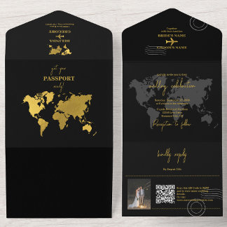 Reiseziel Hochzeit Weltpass Schwarz Gold All In One Einladung