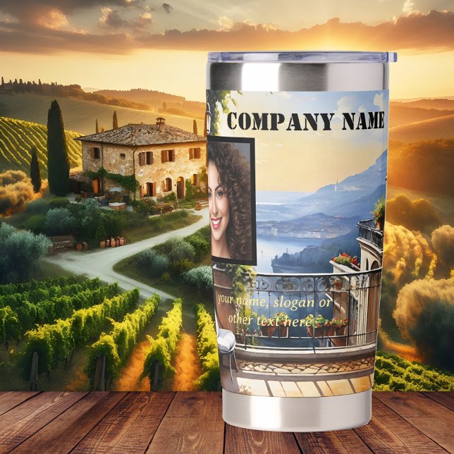 Reiseziel-Logo-Foto-Geschäft Thermobecher (Travel destination thermal tumbler featuring your custom logo, photo and texts)