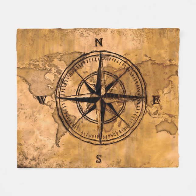 Reiseziele - Compass-Rose und Weltkarte Fleecedecke (Vorderseite (Horizontal))