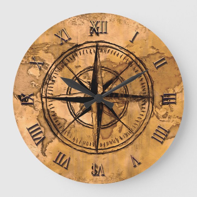 Reiseziele - Compass-Rose und Weltkarte Große Wanduhr (Vorderseite)
